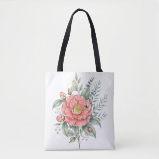 Bolsa Tote Jardim de Hibisco com Libélula Fofa em Aquarela