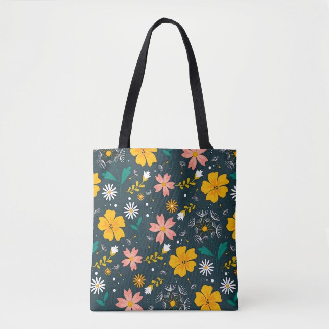 Bolsa Tote Jardim Floral Navy Padrão Caprichoso de Primavera (Frente)