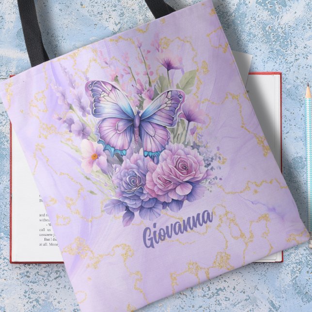 Bolsa Tote Jardim Florido Borboleta Roxa  (Criador carregado)