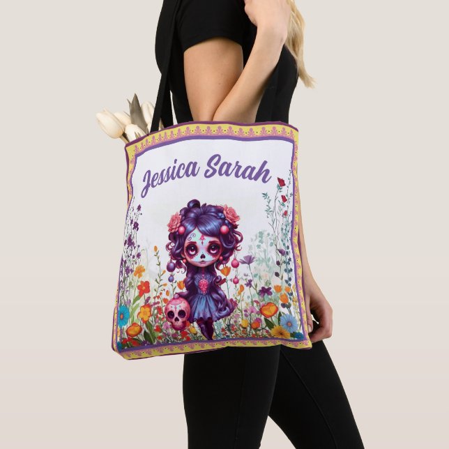 Bolsa Tote Jardim Gótico Fofo Açúcar Caveira (Close Up)