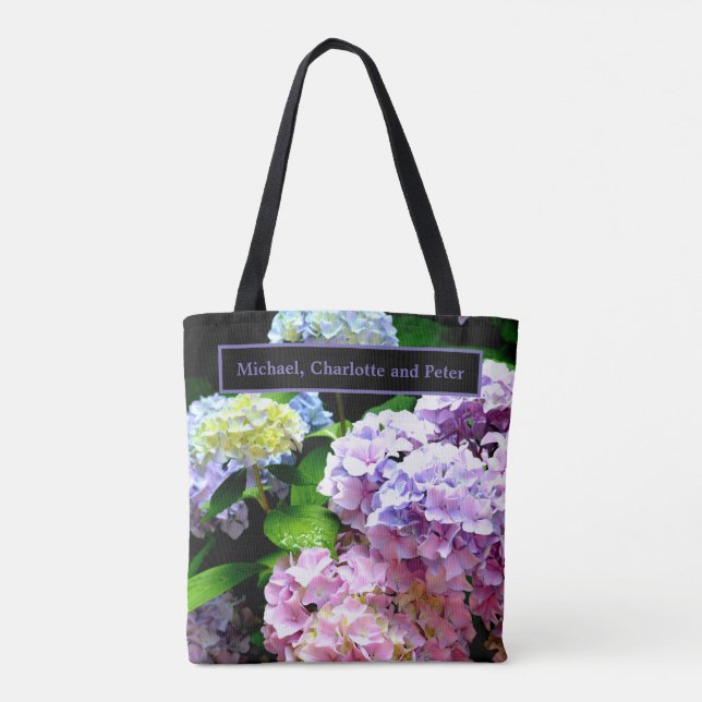 Bolsa Tote Jardim Hydrangea, rosa, azul, floral roxo (Verso)