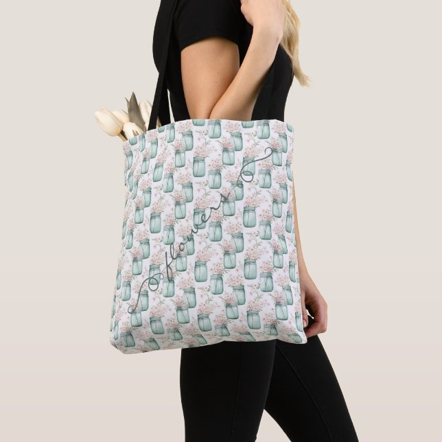 Bolsa Tote Jarras Mason Verdes Flores Rosa (Close Up)