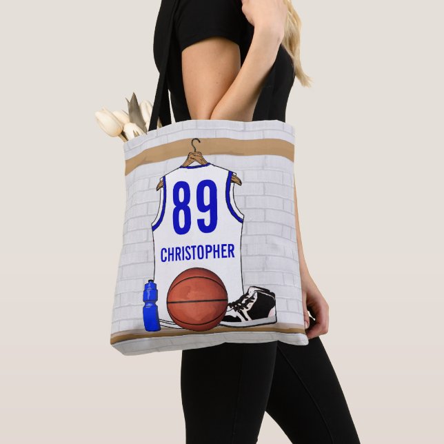 Bolsa Tote Jérsei de Basquete Branco e Azul Personalizado (Close Up)