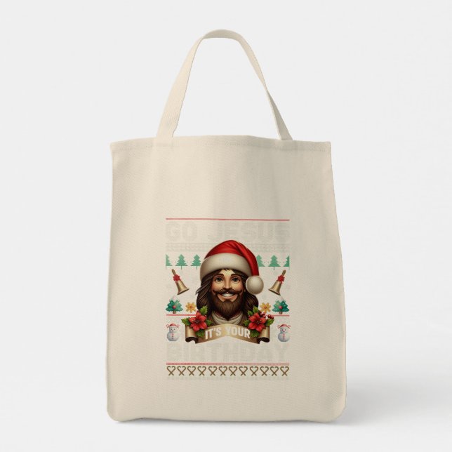Bolsa Tote Jesus Birthday Ugly Sweater Knitting Religious (Verso)
