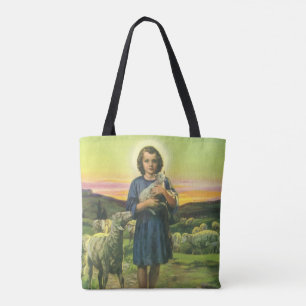 Bolsa Tote Jesus Cristo Pastor Vintage com Cordeiro Bebê