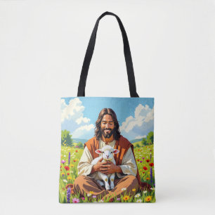 Bolsa Tote Jesus segurando um Cordeiro Religioso Cristão