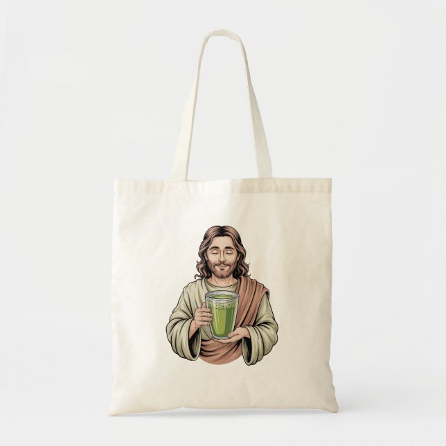 Bolsa Tote Jesus segurando uma bebida verde de Matcha Cristão (Frente)
