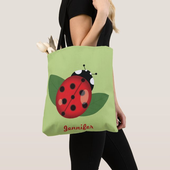 Bolsa Tote Joaninha de Desenho Animado Fofa Com Nome Personal (Close Up)