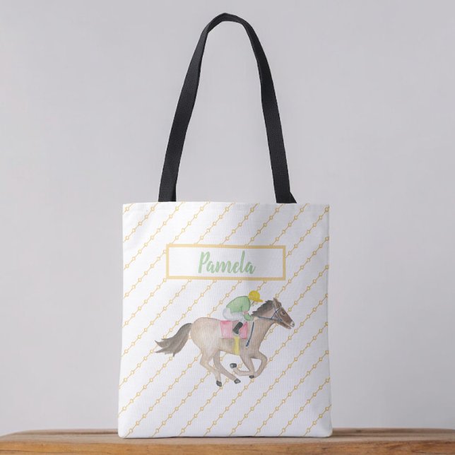 Bolsa Tote Jockey com Corrida de Cavalo de Aquarela Personali (Criador carregado)