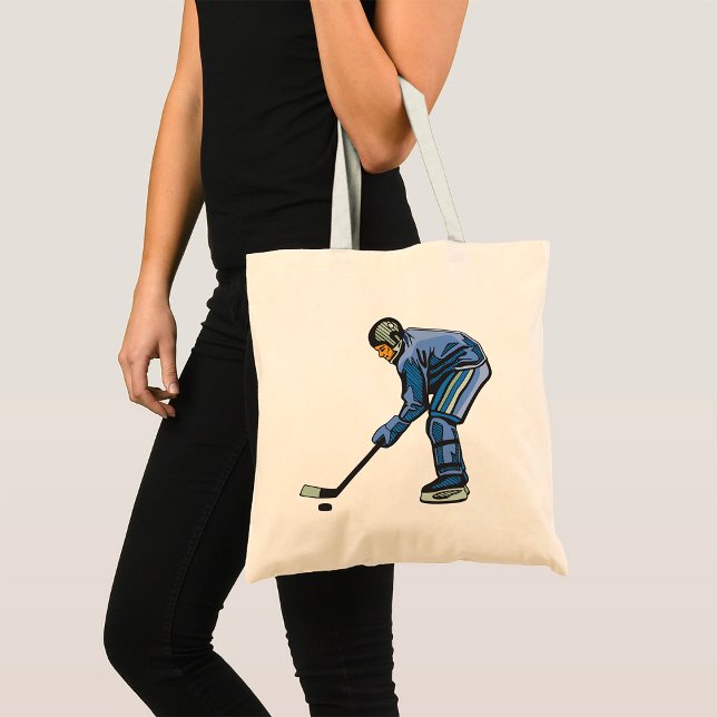 Bolsa Tote Jogador de Hóquei no Gelo com Uniforme Azul (Criador carregado)
