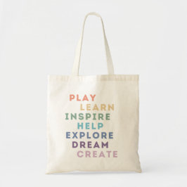 Bolsa Tote Jogar, Aprender, Inspirar, Ajudar, Explorar, Sonha