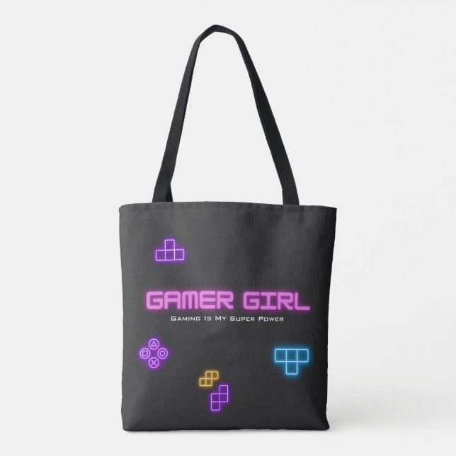 Bolsa Tote Jogo em rosa neon, verde, videogame (Verso)