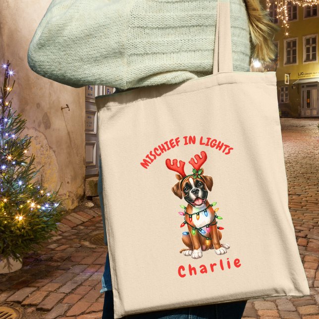Bolsa Tote Jolly Watercolor, Boxer, Luzes Festivas (Carry festive cheer with this custom fun Boxer dog tote bag. A perfect gift for dog lovers.)
