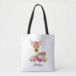 Bolsa Tote Jovem corça da aguarela com a coroa floral