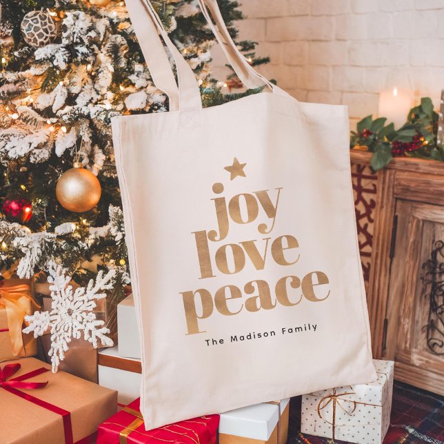 Bolsa Tote Joy Love Peace | Dourado Natal Elegante Minimalist (Criador carregado)