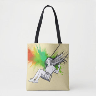 Bolsa Tote Joyful Girl on Swing - Abertura vibrante de cores