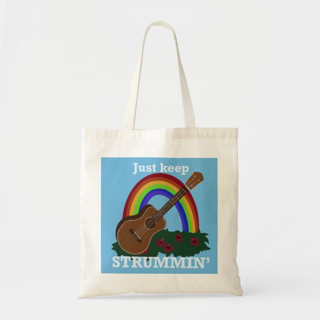 Bolsa Tote Just Keep Strummin’ Ukulele Rainbow Hawaiian  (Frente)