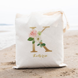 Bolsa Tote K em Letra Dourada e Floral Bege Personalizado
