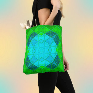 Bolsa Tote Kaleidoscope Quadrado de mosaico Verde e Azul