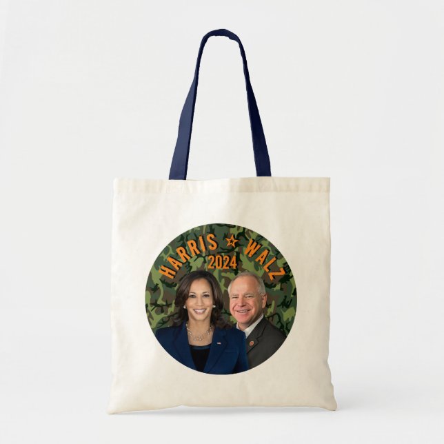 Bolsa Tote Kamala Harris Tim Walz Presidente Vice Fotos Camo (Frente)