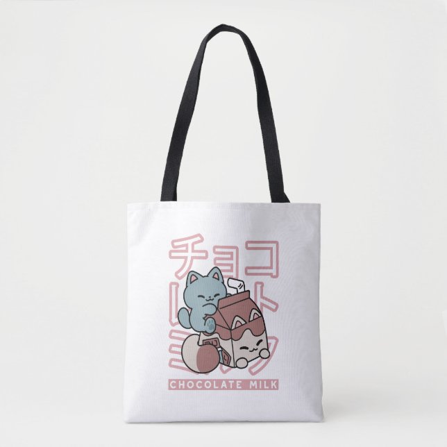 Bolsa Tote Kawaii Cat with Chocolate Milk – Japanese Pop Art  (Frente)