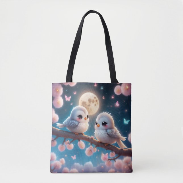 Bolsa Tote Kawaii Charming Birds sob luz da Lua (Frente)