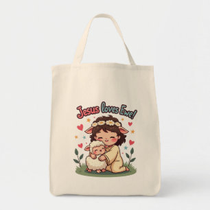 Bolsa Tote Kawaii Christian "Jesus ama ovelha" Pastel Design