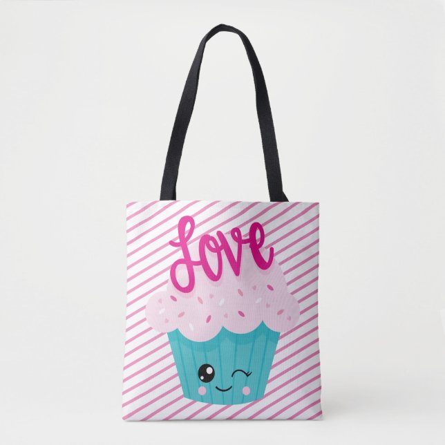 Bolsa Tote Kawaii Cupcake Adora Cinza Rosa Stripe Teal Bonita (Frente)
