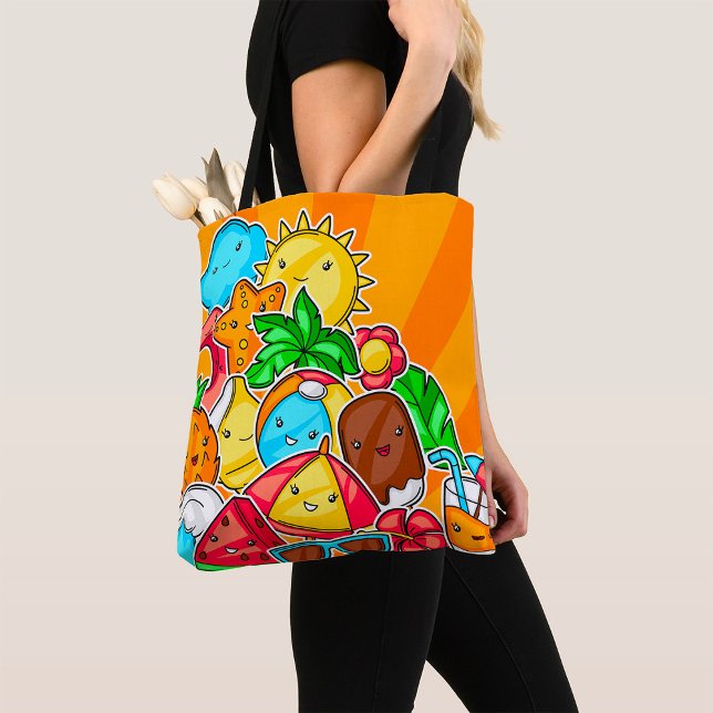 Bolsa Tote Kawaii Desenhos de Verão Sol Praia e Tropical (Criador carregado)