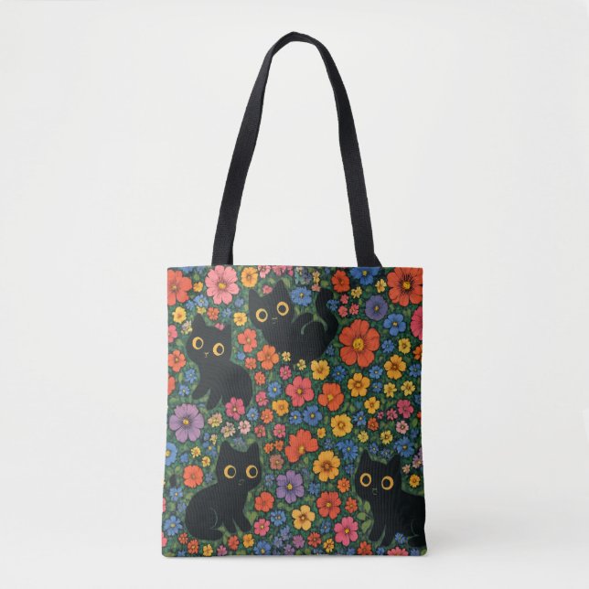 Bolsa Tote Kawaii Garden Art | Cute Black Cat Floral Pattern (Frente)
