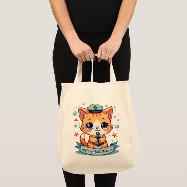 Bolsa Tote Kawaii Náutico Cat Navegando Anchor Pun (Frente (produto))