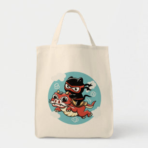 Bolsa Tote Kawaii Ninja Cat Andando um Dragão Vermelho