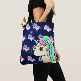 Bolsa Tote Kawaii Pastel Unicorn com estrelas azuis galáxias