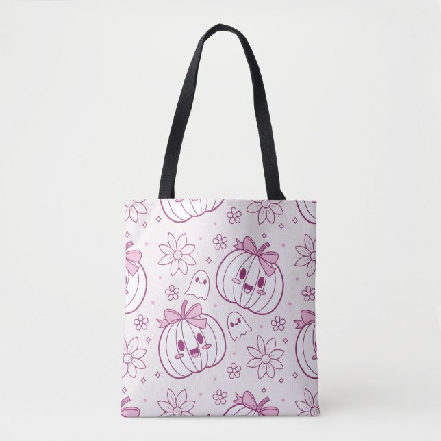 Bolsa Tote Kawaii Pumpkins, Fantasmas e Flores (Frente)