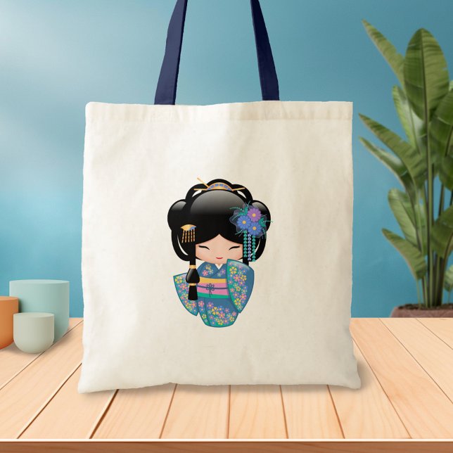 Bolsa Tote Keiko Kokeshi Doll - Blue Kimono Geisha Girl 2 (Criador carregado)