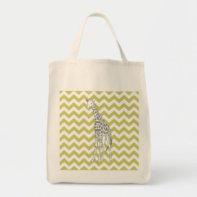Bolsa Tote Khaki Safari Chevron com Pop Art Giraffe (Frente)