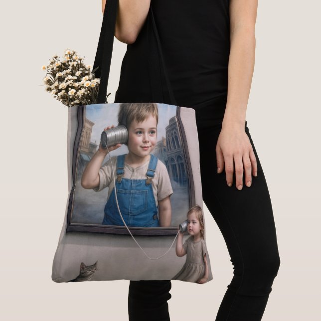 Bolsa Tote Kids Talking On a Retro Tin Can Telephone (Close Up)