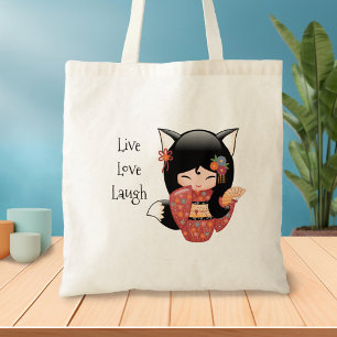 Bolsa Tote Kitsune Kokeshi Doll - Rapariga Negra Fox Geisha
