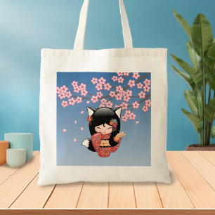 Bolsa Tote Kitsune Kokeshi Doll - Rapariga Negra Fox Geisha 2