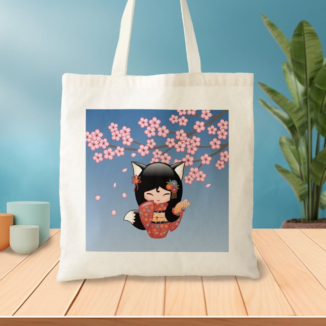 Bolsa Tote Kitsune Kokeshi Doll - Rapariga Negra Fox Geisha 2 (Criador carregado)