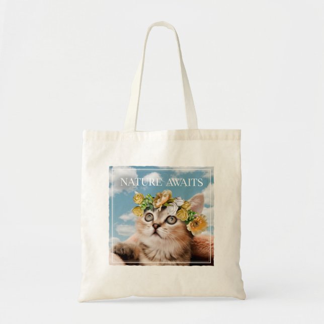 Bolsa Tote Kitten com uma Coroa Floral Aguarda (Frente)