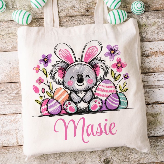 Bolsa Tote Koala Bear Páscoa Crianças Nome Raparigas Coelhinh (Koala Girls Easter Tote)
