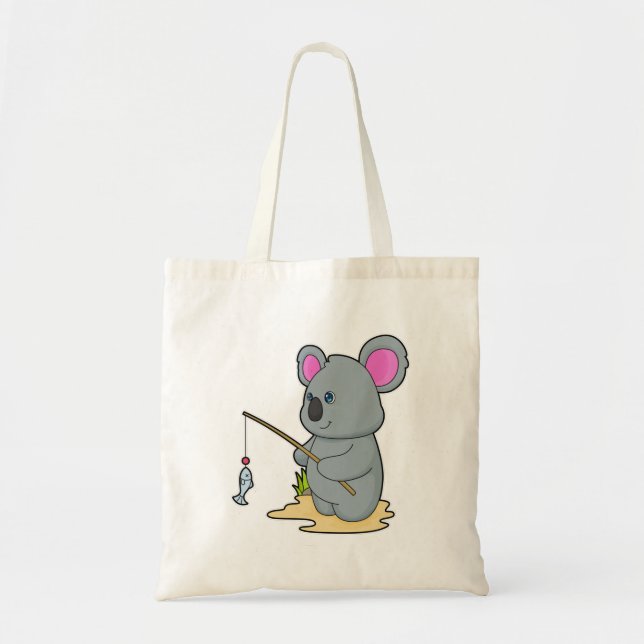 Bolsa Tote Koala como pescador com cana de pesca e peixe (Frente)