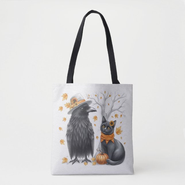 Bolsa Tote Krähe und Katze Herbst Thanksgiving Crow  (Frente)