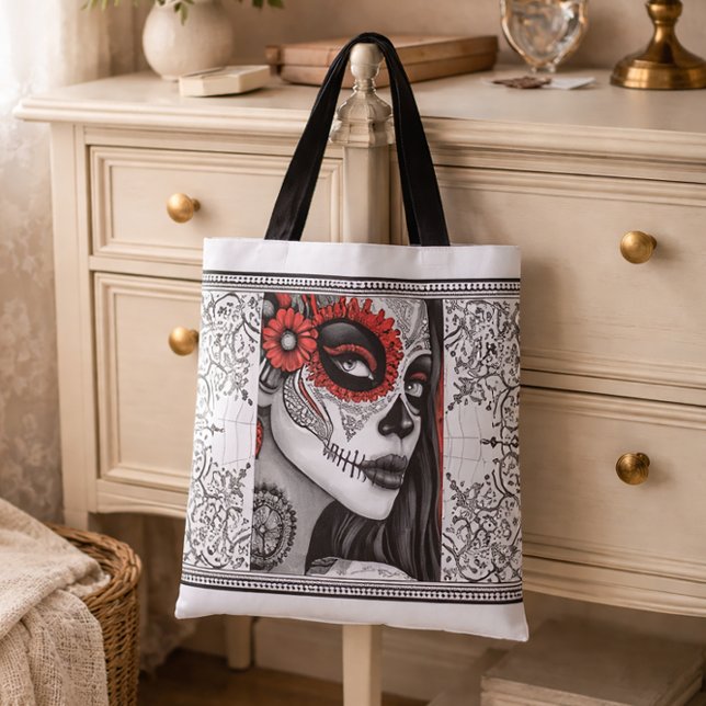 Bolsa Tote La Catrina Black, White & Red Día de los Muertos (Criador carregado)
