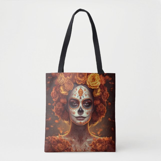 Bolsa Tote La Catrina Marigold Dia de los Muertos Caveira de  (Frente)