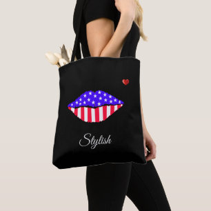 Bolsa Tote Lábios da bandeira americana elegantes & caligrafi