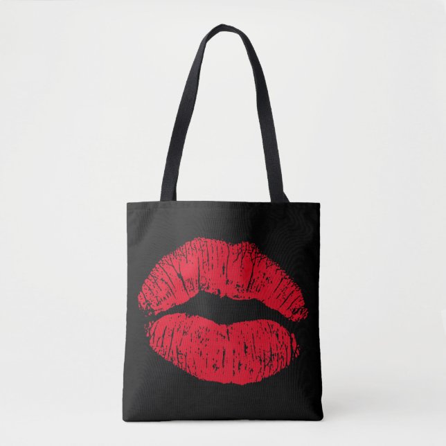 Bolsa Tote Lábios de Beijo Vermelho em Preto (Frente)