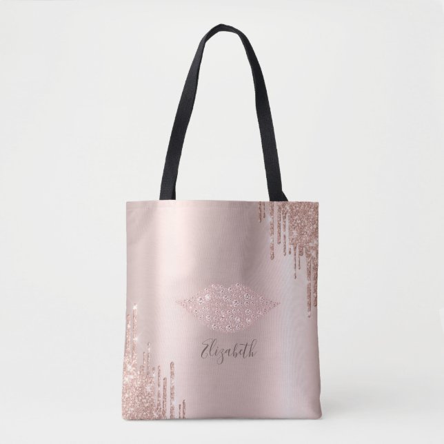 Bolsa Tote Lábios de Diamantes Tendência Rosa Dourado Brilho  (Frente)