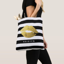 Bolsa Tote Lábios Dourados com faixas brancas pretas clássica